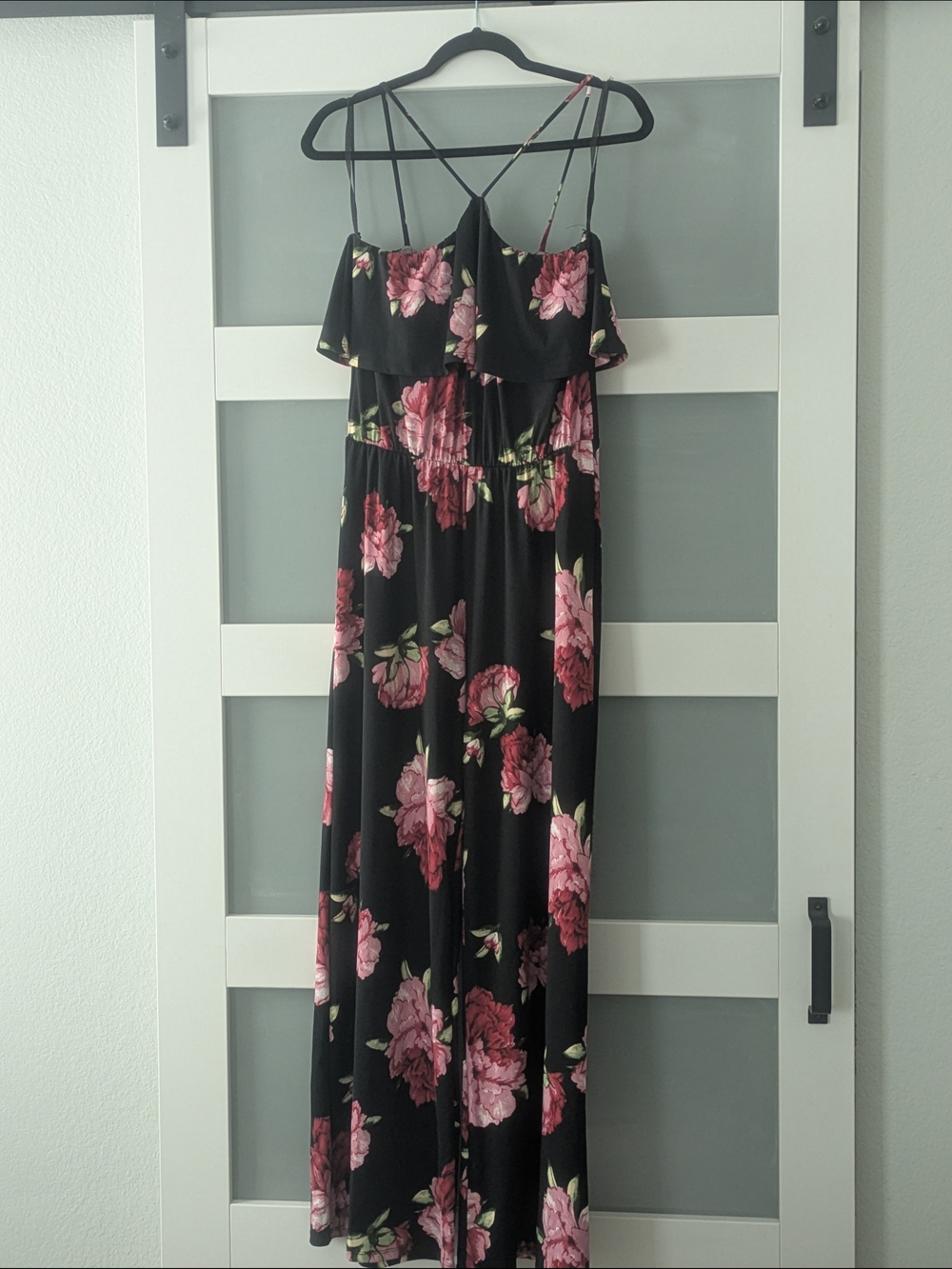 Black Floral Maxi Dress with Pink Rose Print